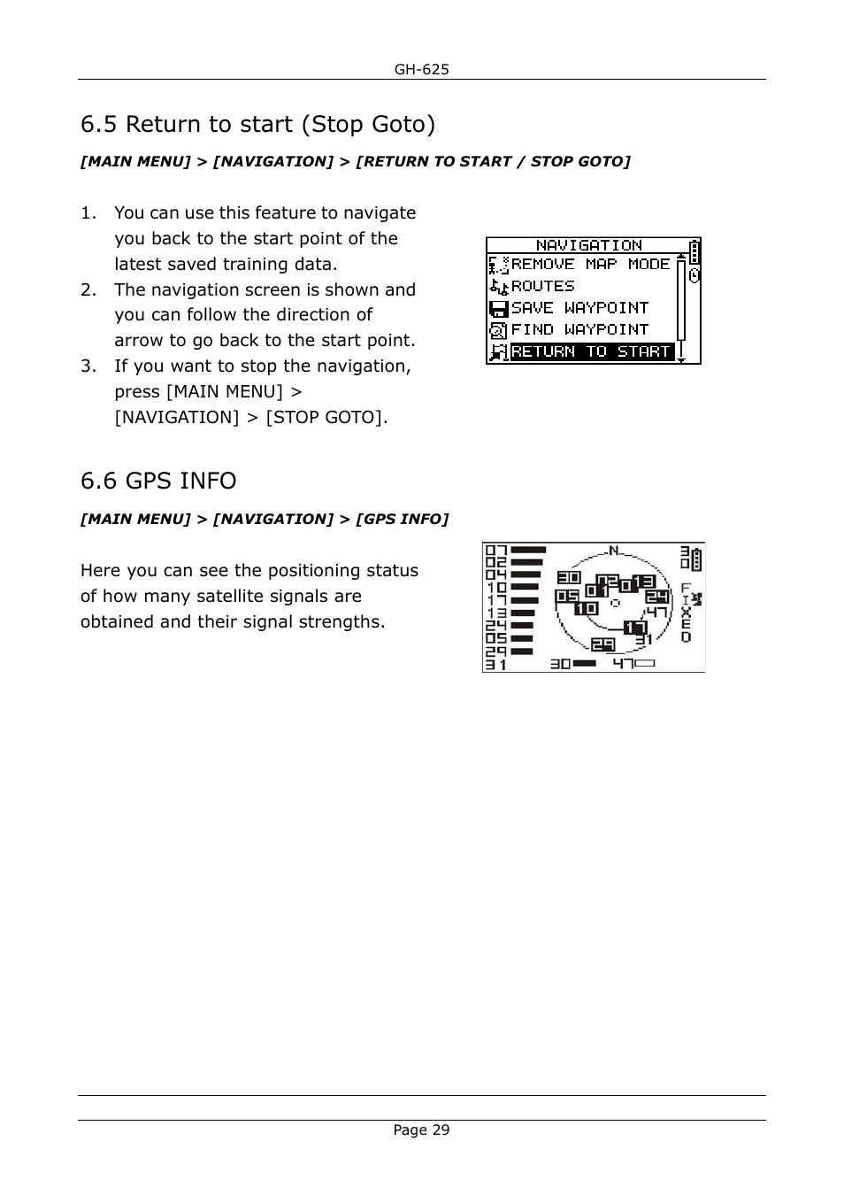 5 return to start (stop goto), 6 gps info | USGlobalsat GH-625B User Manual User Manual | Page 29 / 66