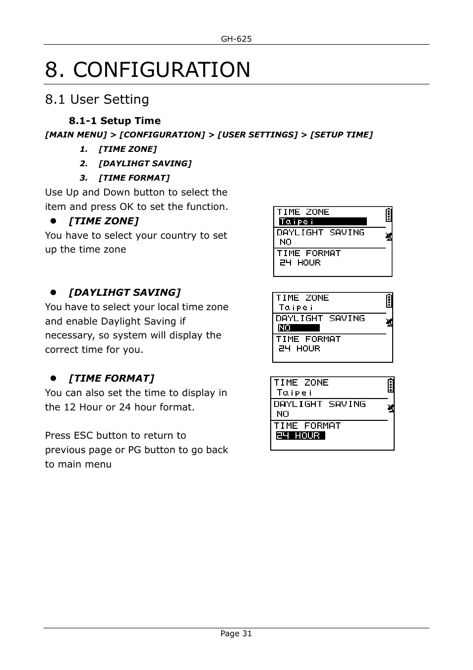 Configuration, 1 user setting | USGlobalsat GH-625B User Manual User Manual | Page 31 / 66