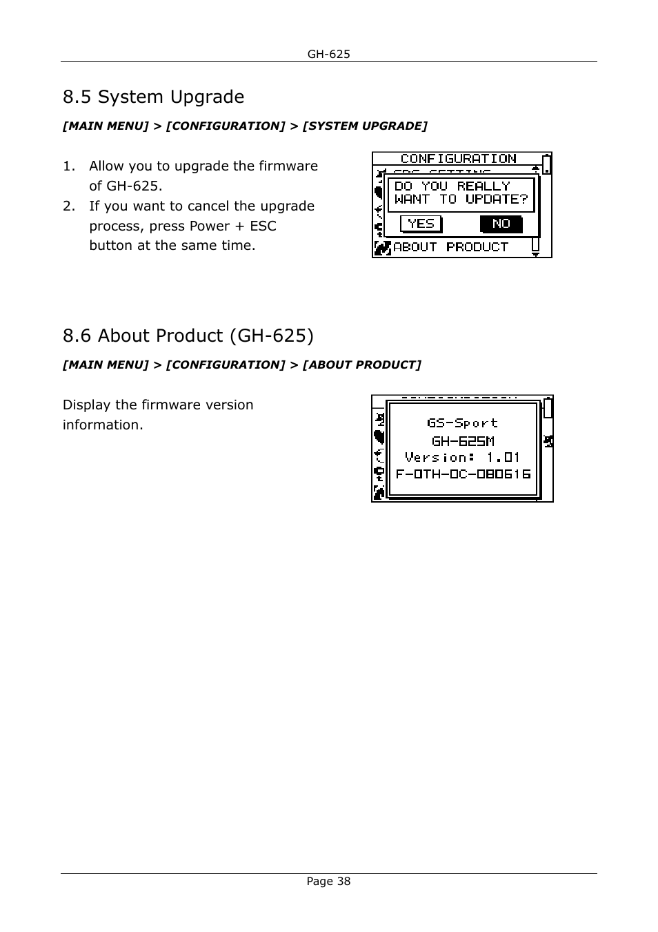 5 system upgrade, 6 about product (gh-625) | USGlobalsat GH-625B User Manual User Manual | Page 38 / 66