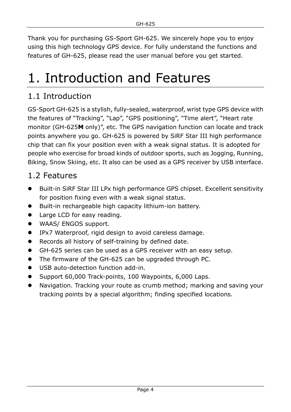 Introduction and features, 1 introduction, 2 features | USGlobalsat GH-625B User Manual User Manual | Page 4 / 66