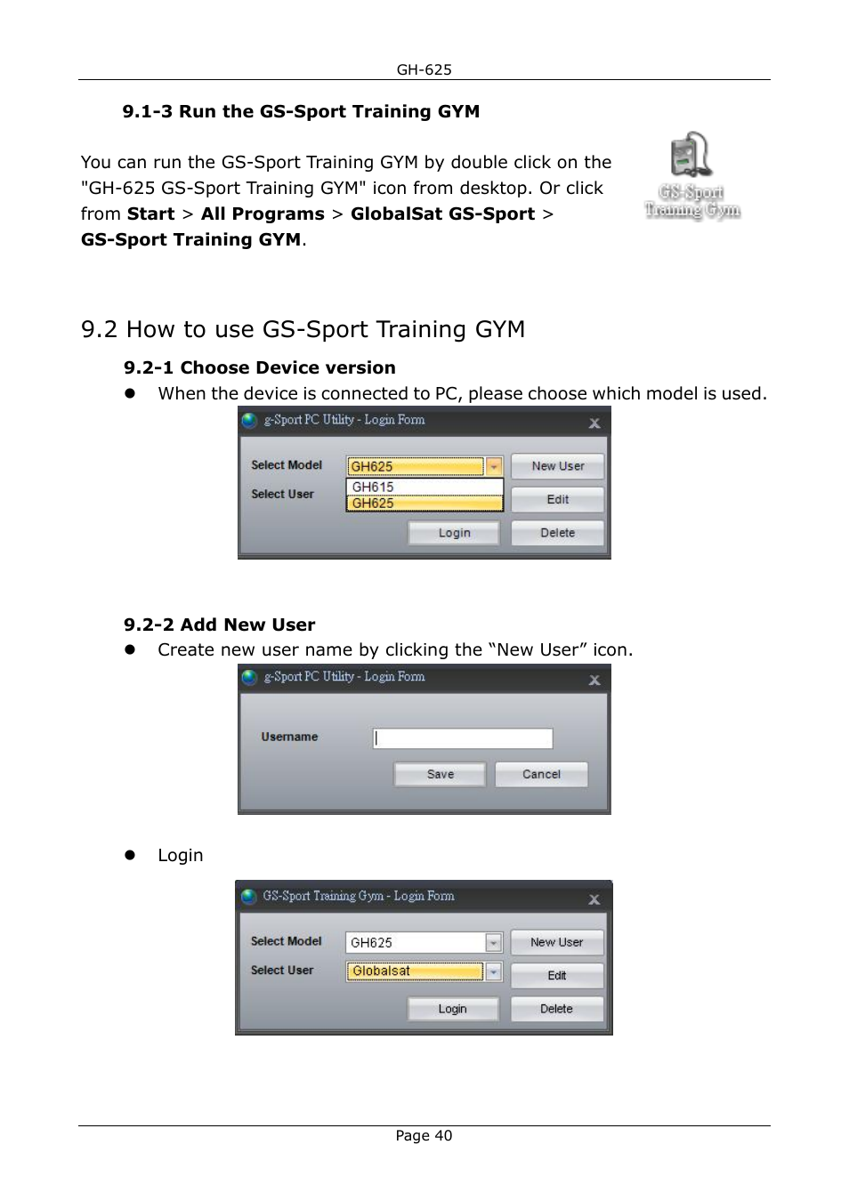 2 how to use gs-sport training gym | USGlobalsat GH-625B User Manual User Manual | Page 40 / 66