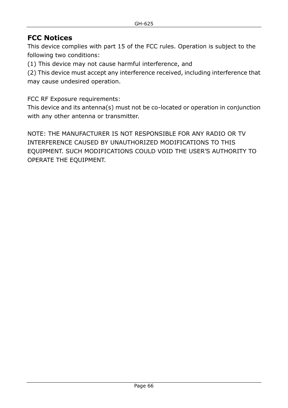 Fcc notices | USGlobalsat GH-625B User Manual User Manual | Page 66 / 66