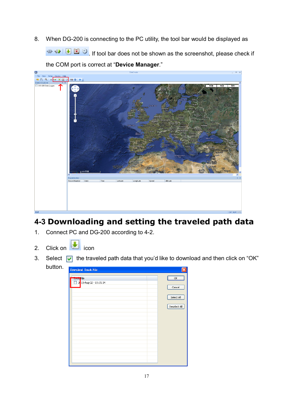 3 downloading and setting the traveled path data | USGlobalsat DG-200 Ver.1.1 User Manual | Page 17 / 25