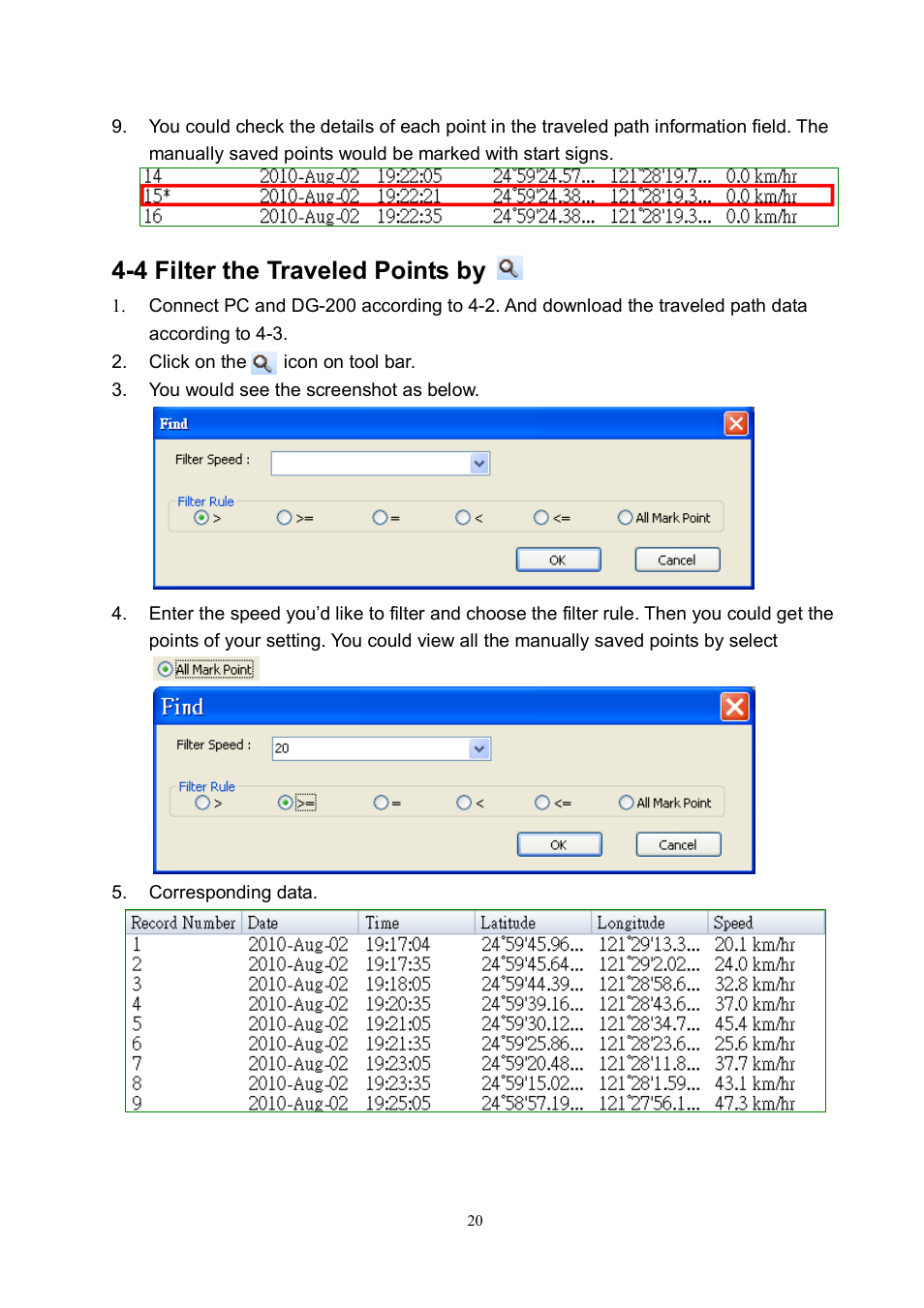 4 filter the traveled points by | USGlobalsat DG-200 Ver.1.1 User Manual | Page 20 / 25