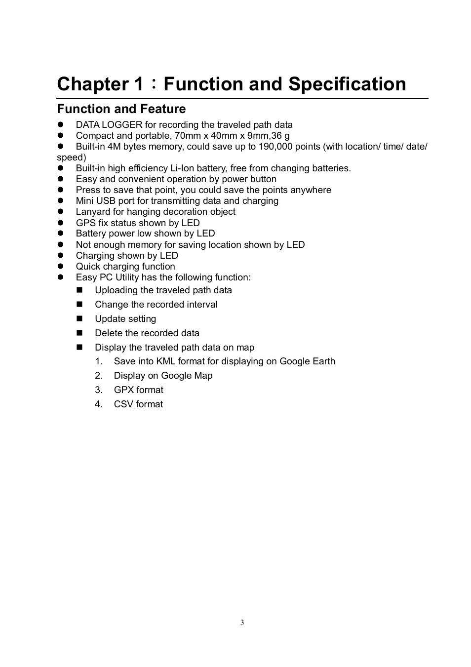 Chapter 1：function and specification, Function and feature | USGlobalsat DG-200 Ver.1.1 User Manual | Page 3 / 25