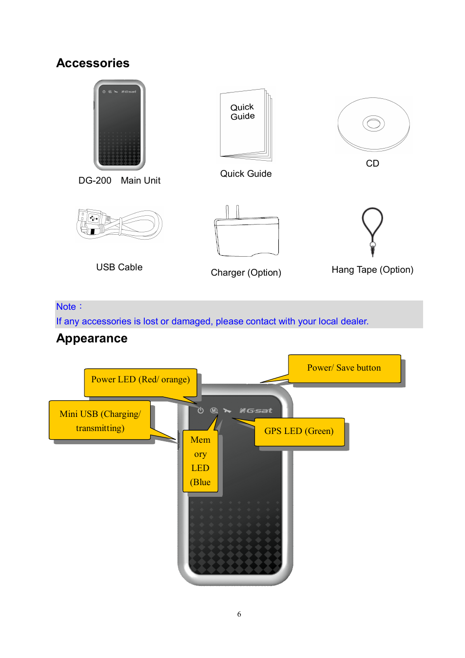 Accessories, Appearance | USGlobalsat DG-200 Ver.1.1 User Manual | Page 6 / 25