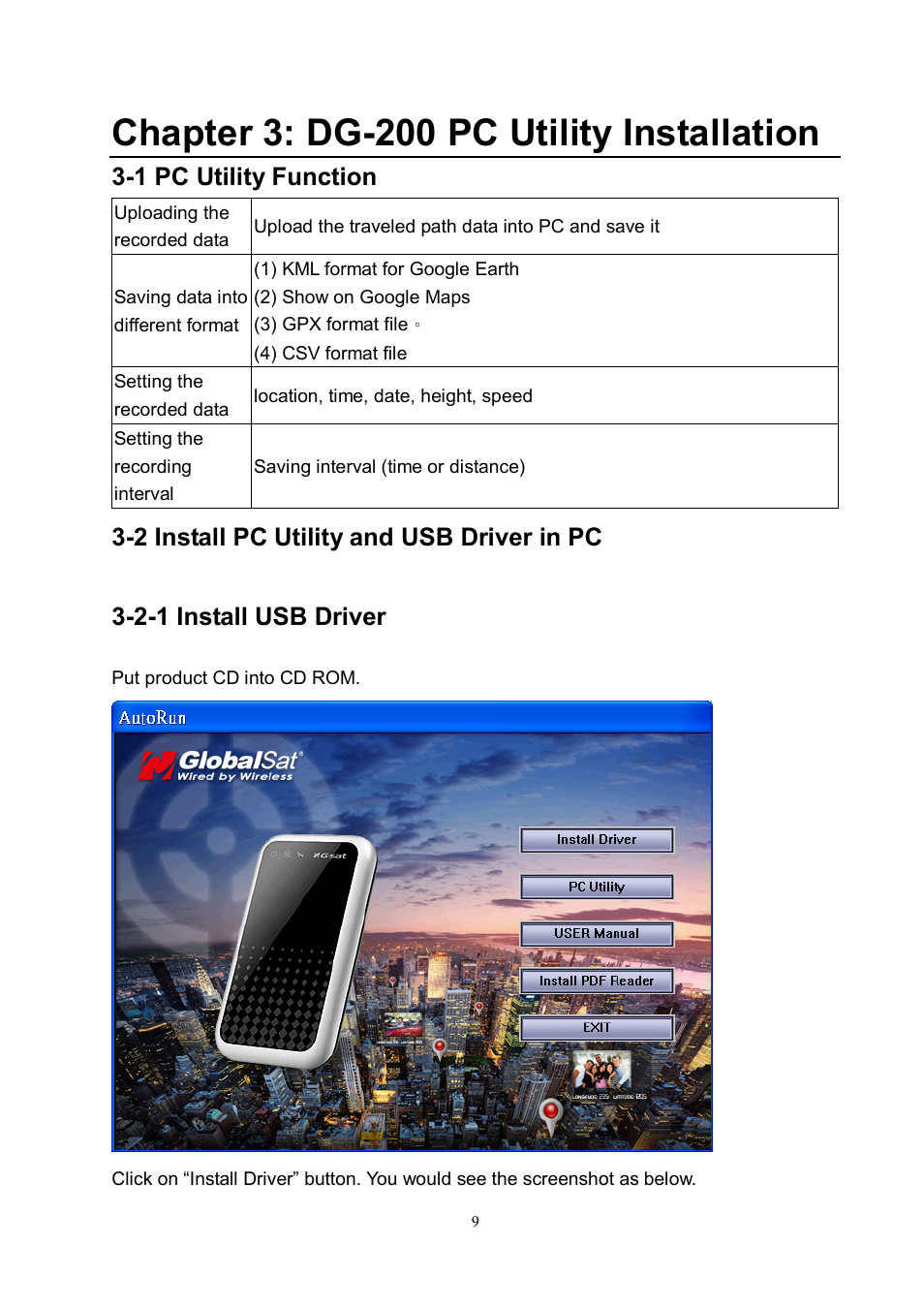Chapter 3: dg-200 pc utility installation, 1 pc utility function | USGlobalsat DG-200 Ver.1.1 User Manual | Page 9 / 25