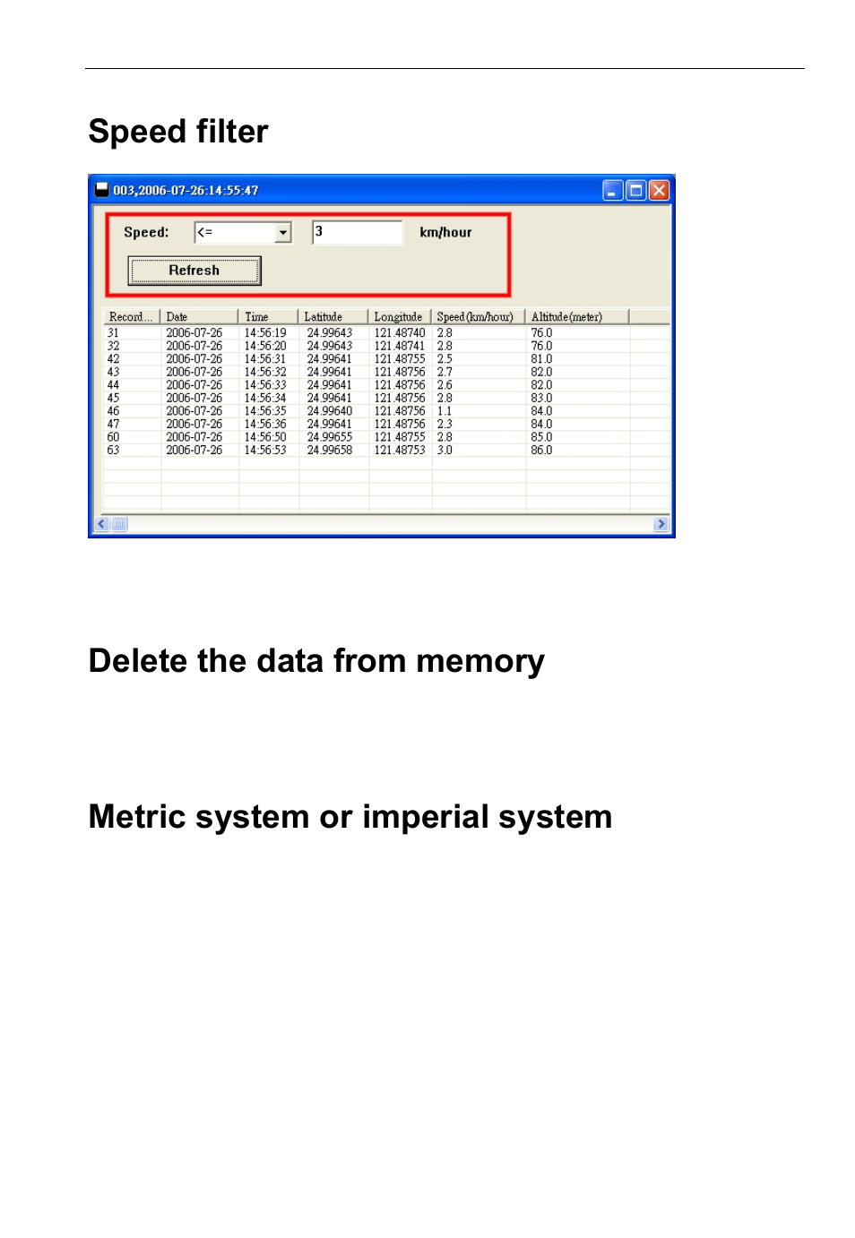 Speed filter, Metric system or imperial system | USGlobalsat DG-100 User Guide User Manual | Page 22 / 25