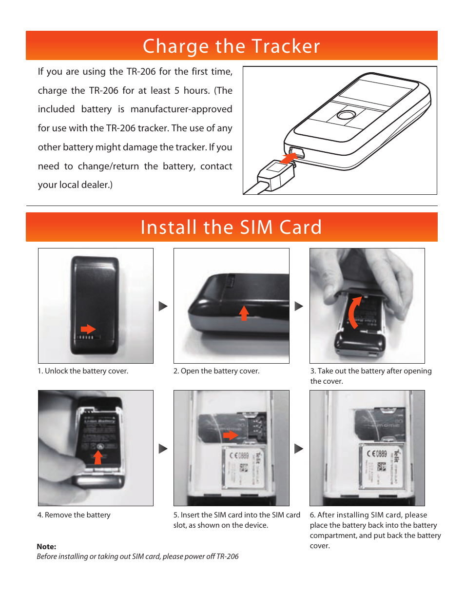 Charge the tracker, Install the sim card | USGlobalsat TR-206 Quick Start Guide User Manual | Page 3 / 6