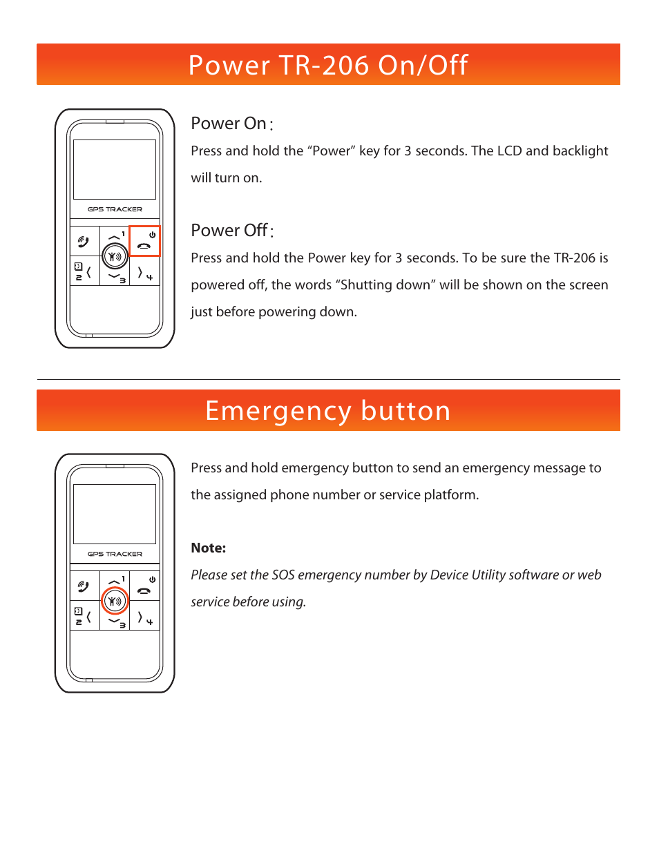 Power tr-206 on/off, Emergency button | USGlobalsat TR-206 Quick Start Guide User Manual | Page 4 / 6