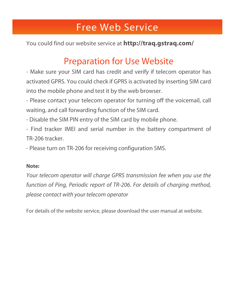 Free web service, Preparation for use website | USGlobalsat TR-206 Quick Start Guide User Manual | Page 6 / 6