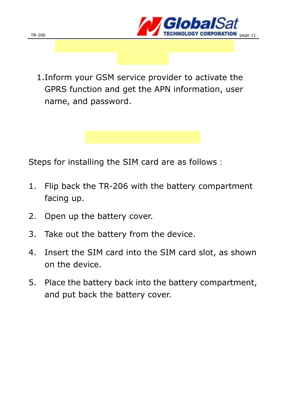 Preparing your sim card for gprs activation, Installing the sim card | USGlobalsat TR-206 User Guide User Manual | Page 11 / 62