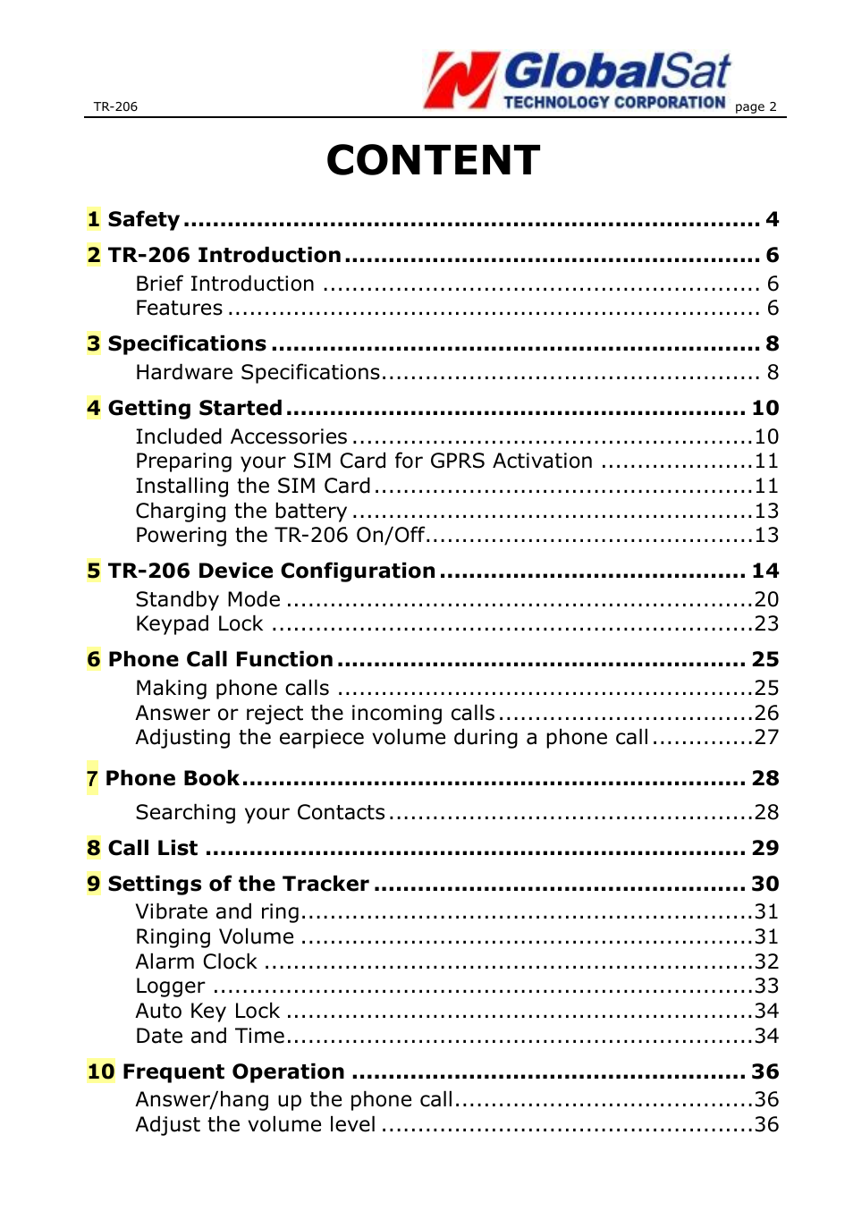 Content | USGlobalsat TR-206 User Guide User Manual | Page 2 / 62