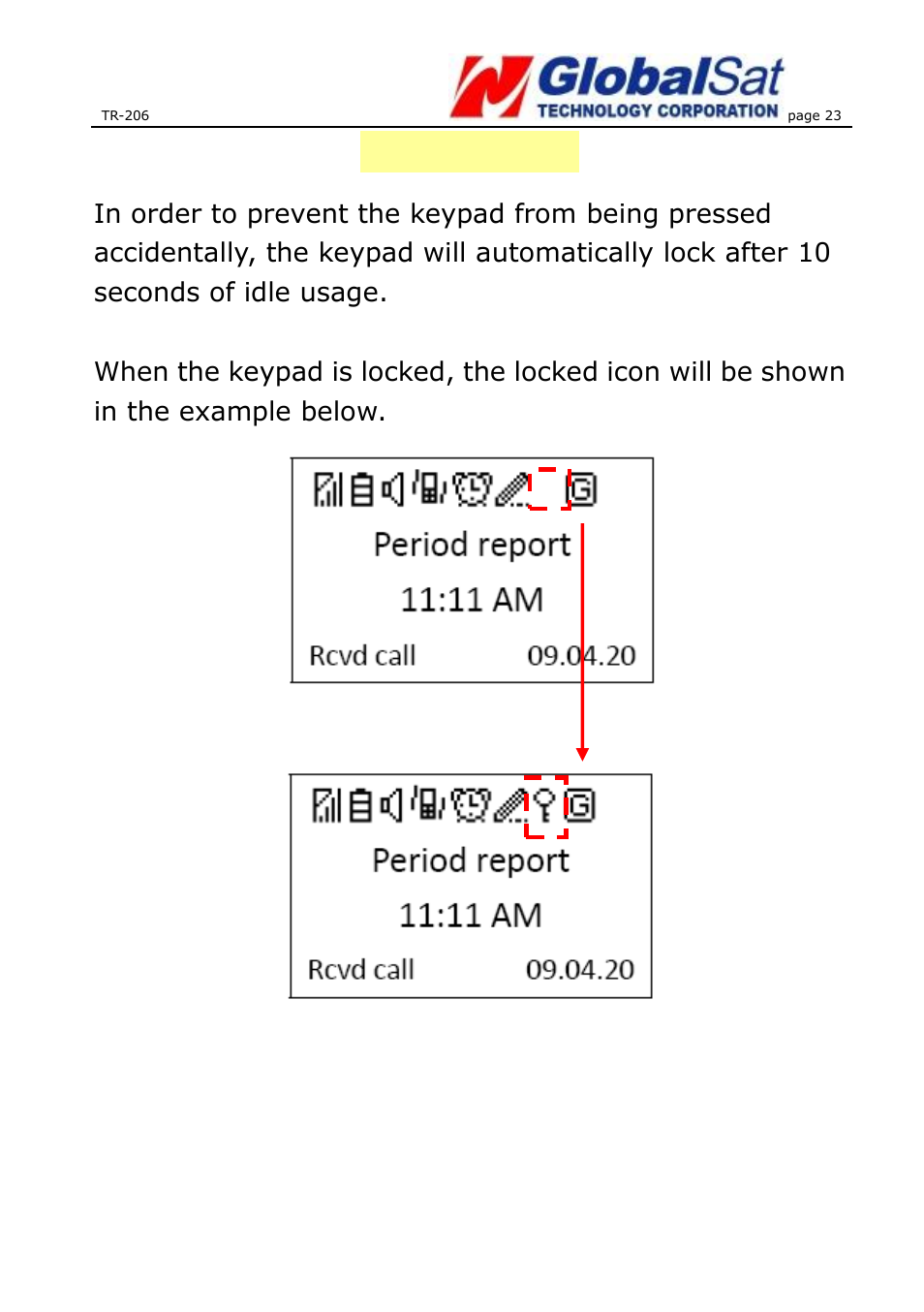 Keypad lock | USGlobalsat TR-206 User Guide User Manual | Page 23 / 62