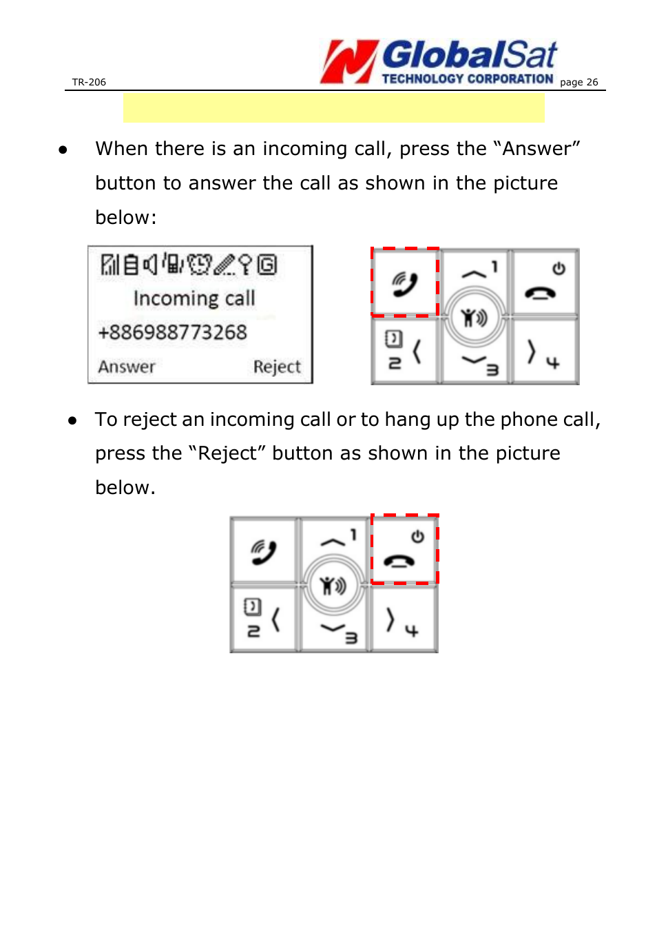 Answer or reject the incoming calls | USGlobalsat TR-206 User Guide User Manual | Page 26 / 62