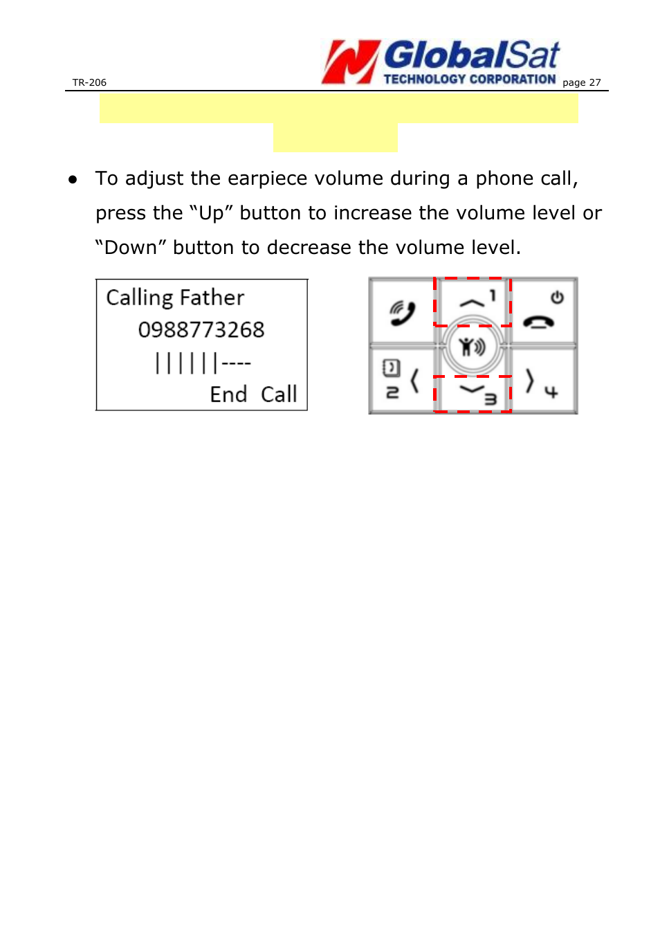 Adjusting the earpiece volume during a phone call | USGlobalsat TR-206 User Guide User Manual | Page 27 / 62