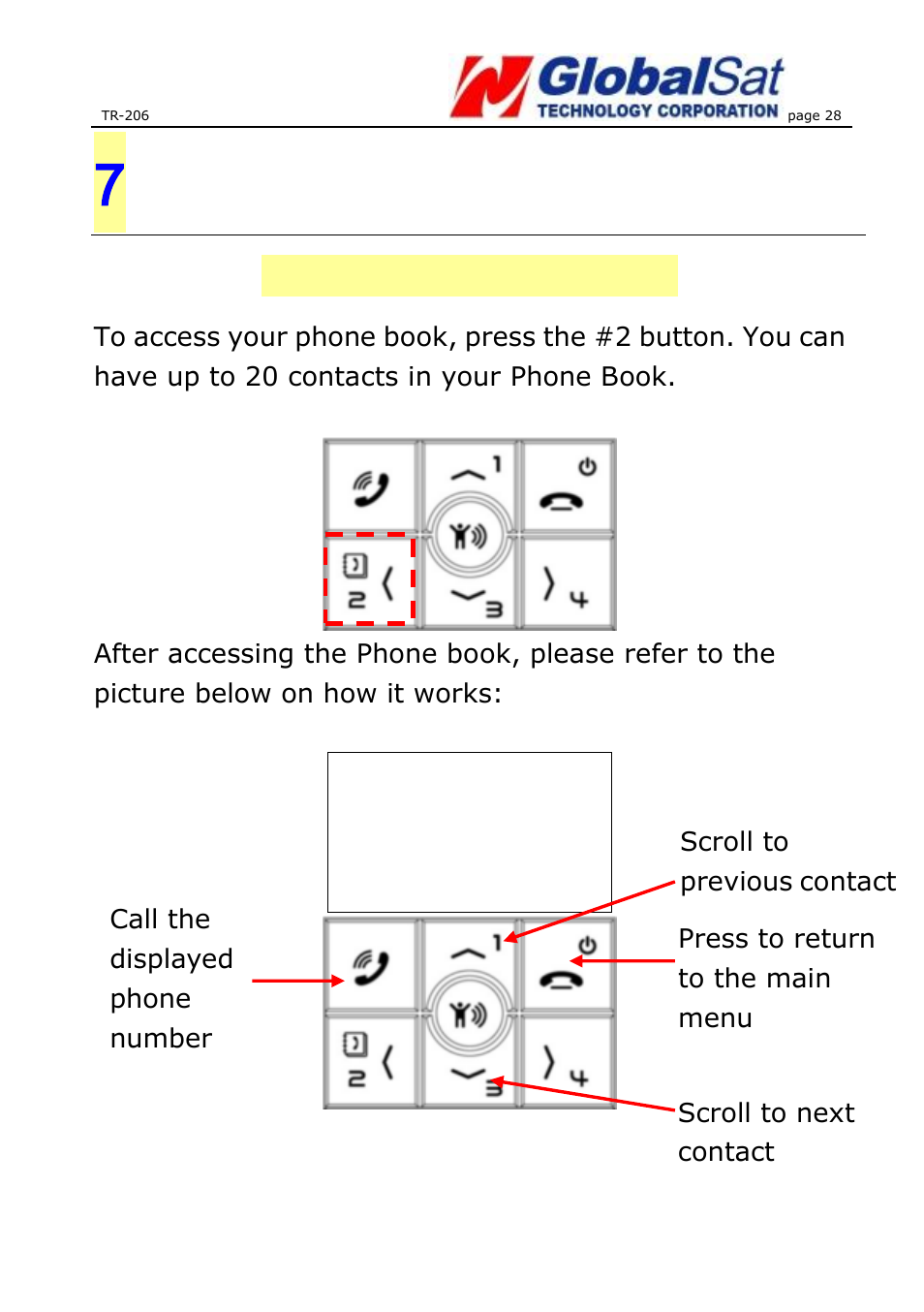 7 phone book, Searching your contacts, 7phone book | USGlobalsat TR-206 User Guide User Manual | Page 28 / 62