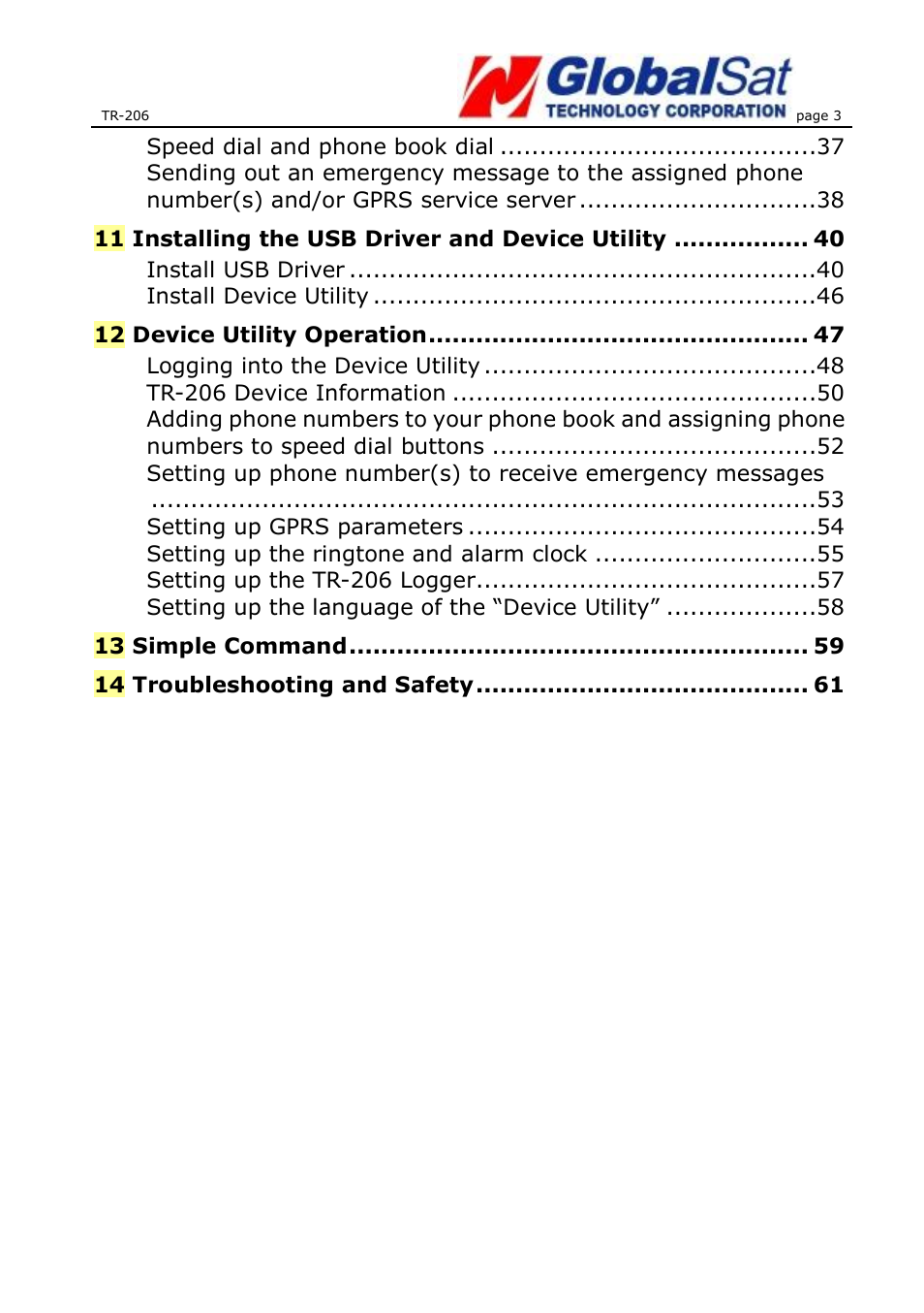 USGlobalsat TR-206 User Guide User Manual | Page 3 / 62