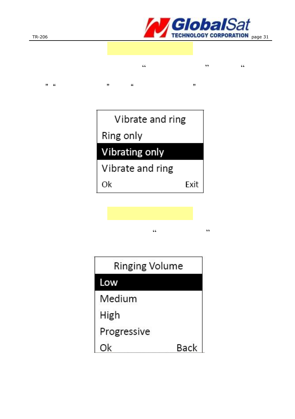 Vibrate and ring, Ringing volume | USGlobalsat TR-206 User Guide User Manual | Page 31 / 62