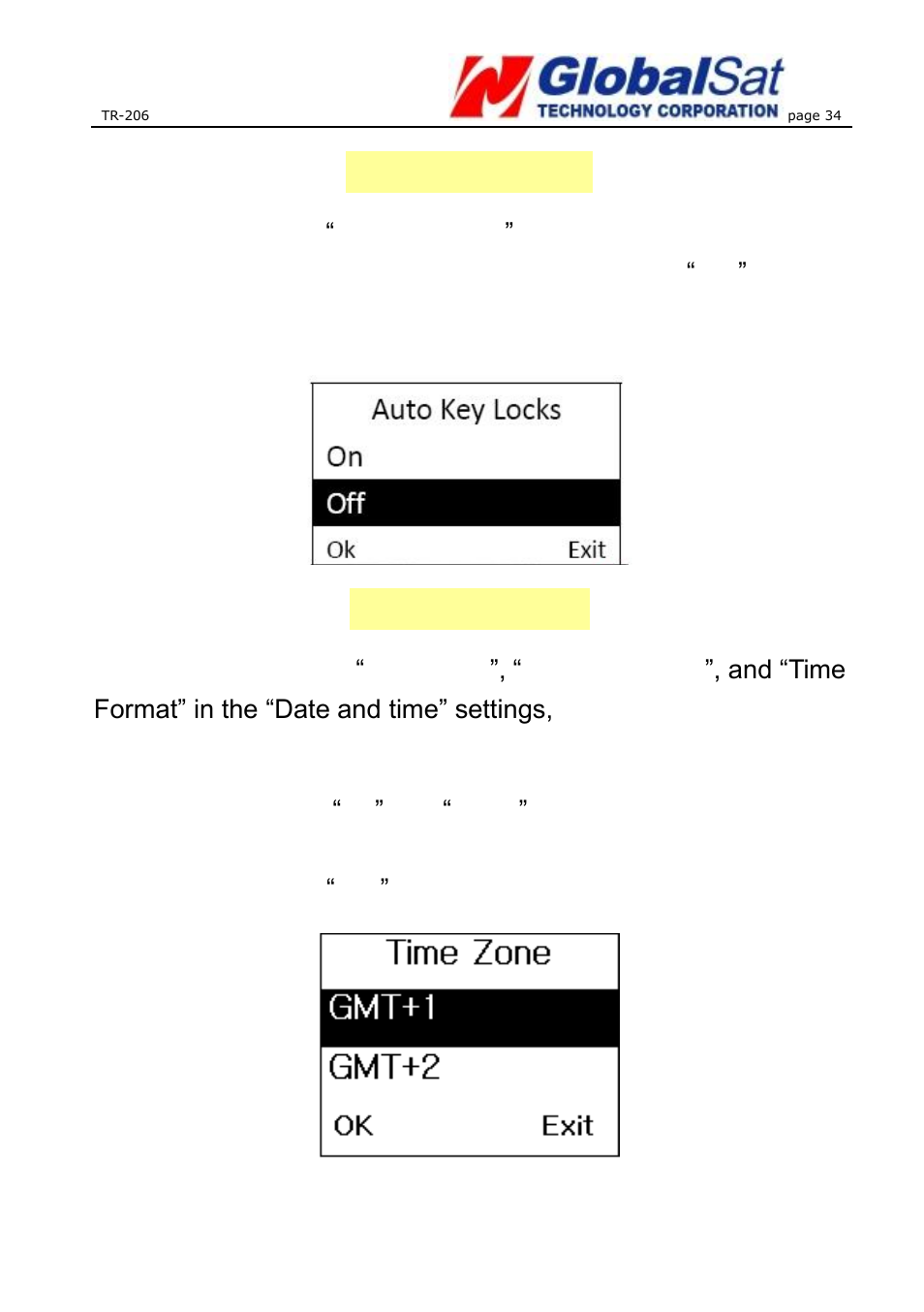 Auto key lock, Date and time | USGlobalsat TR-206 User Guide User Manual | Page 34 / 62
