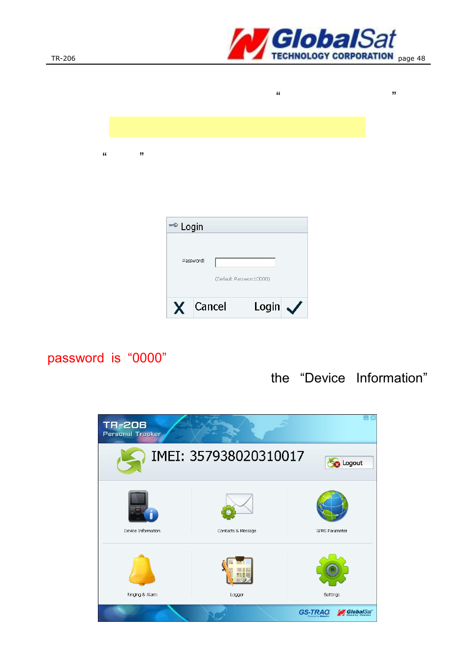 Logging into the device utility | USGlobalsat TR-206 User Guide User Manual | Page 48 / 62