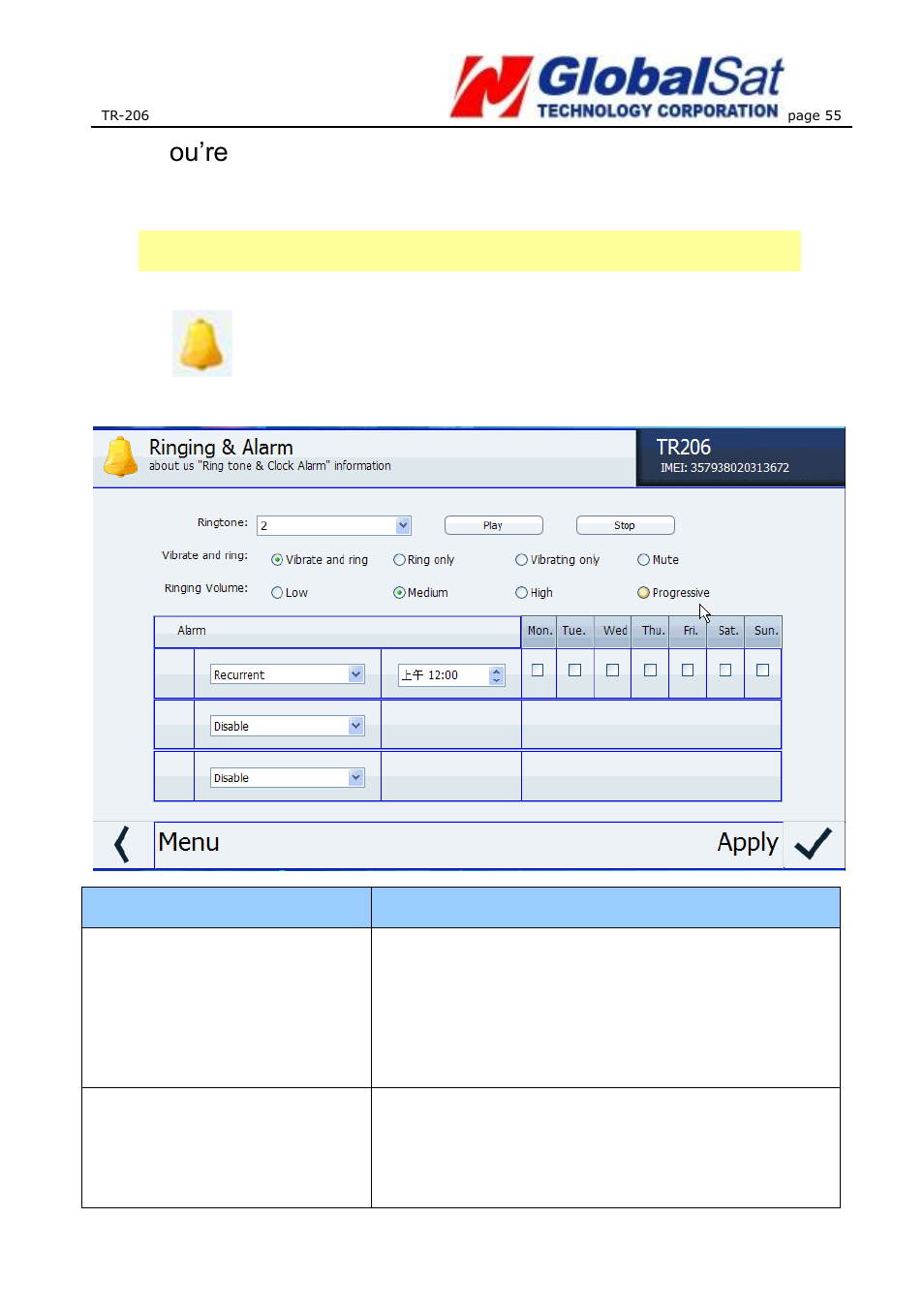 Setting up the ringtone and alarm clock | USGlobalsat TR-206 User Guide User Manual | Page 55 / 62