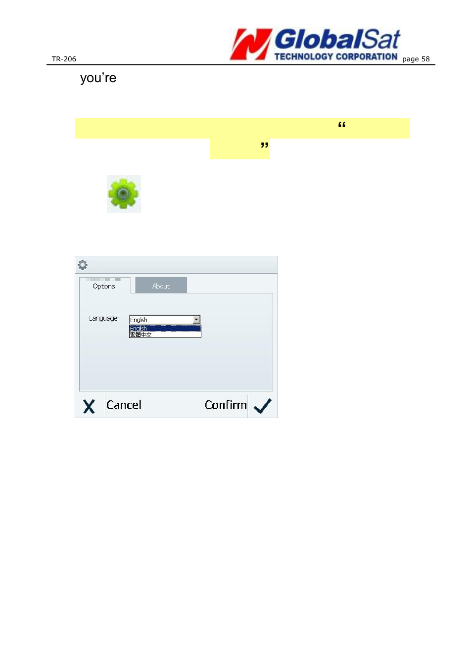 Setting up the language of the “device utility | USGlobalsat TR-206 User Guide User Manual | Page 58 / 62
