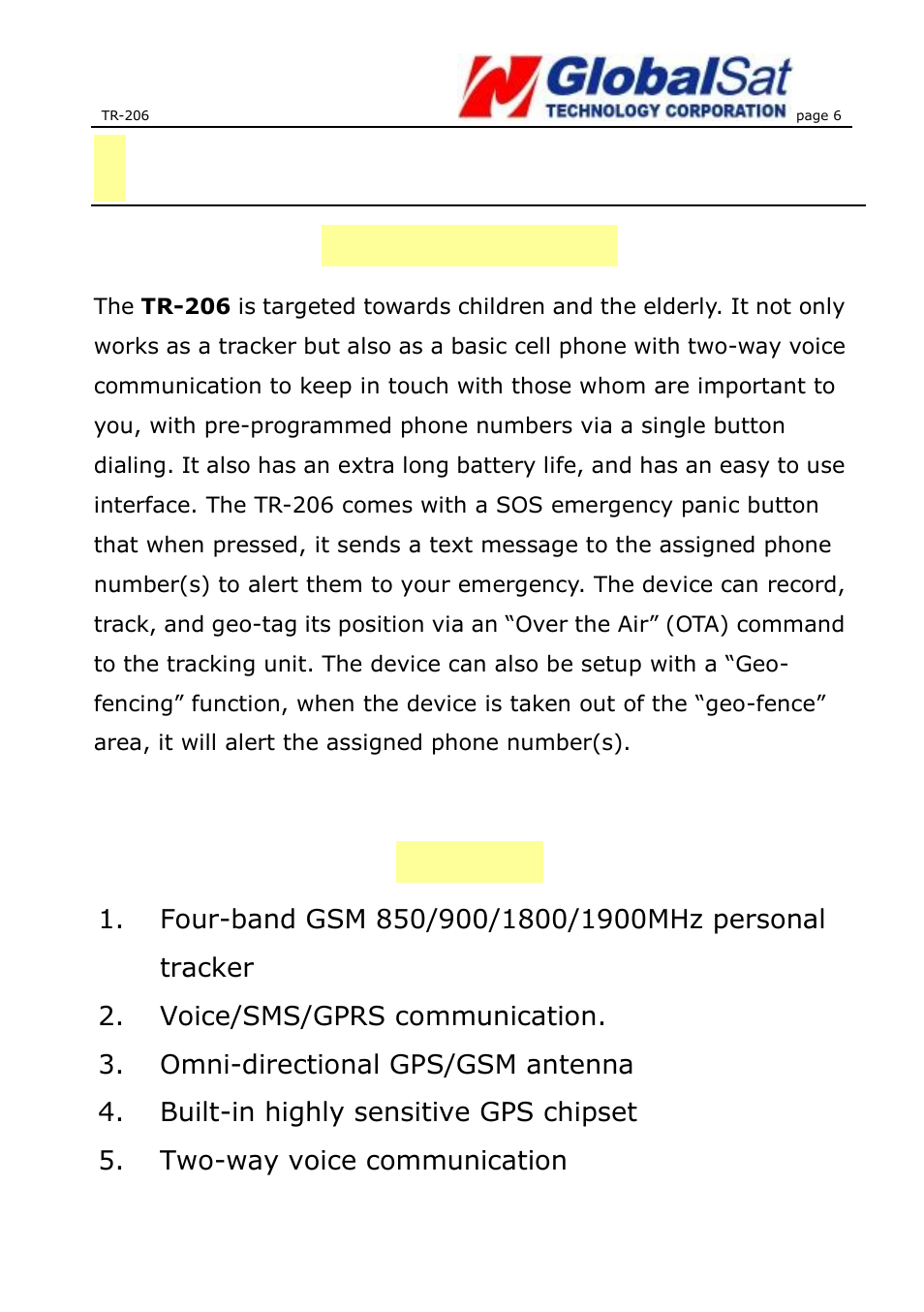 2 tr-206 introduction, Brief introduction, Features | 2tr-206 introduction | USGlobalsat TR-206 User Guide User Manual | Page 6 / 62