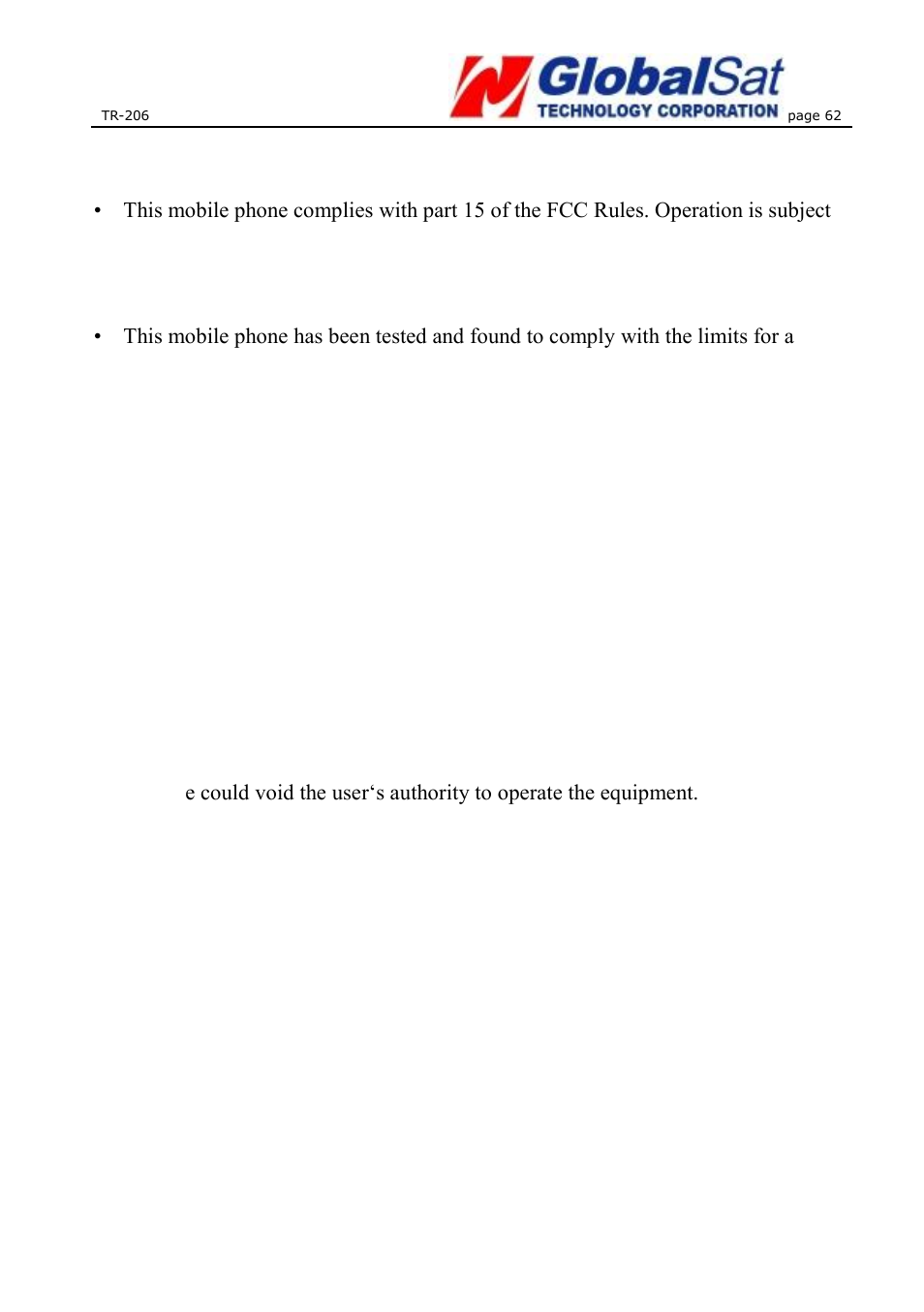 Fcc regulations | USGlobalsat TR-206 User Guide User Manual | Page 62 / 62