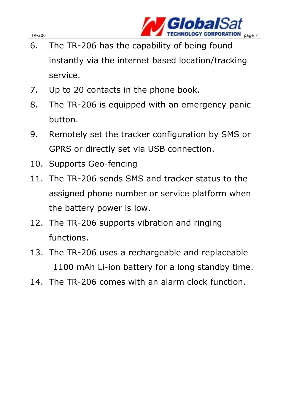 USGlobalsat TR-206 User Guide User Manual | Page 7 / 62