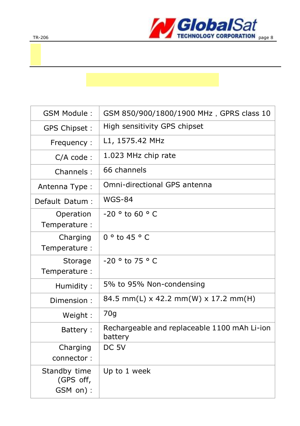 3 specifications, Hardware specifications, 3specifications | USGlobalsat TR-206 User Guide User Manual | Page 8 / 62