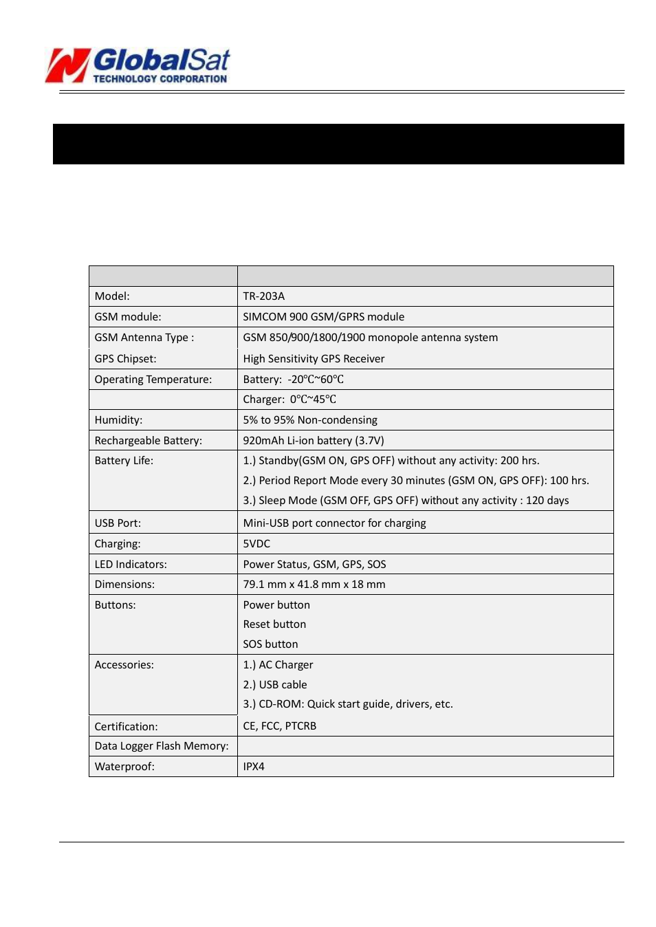 Specifications, Tr-203a | USGlobalsat TR-203A User Manual | Page 13 / 26