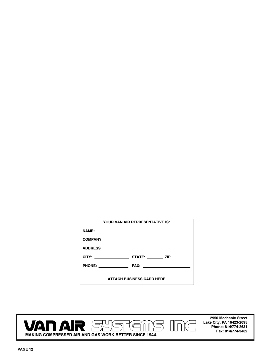 Van Air Systems D42-D84 User Manual | Page 12 / 12