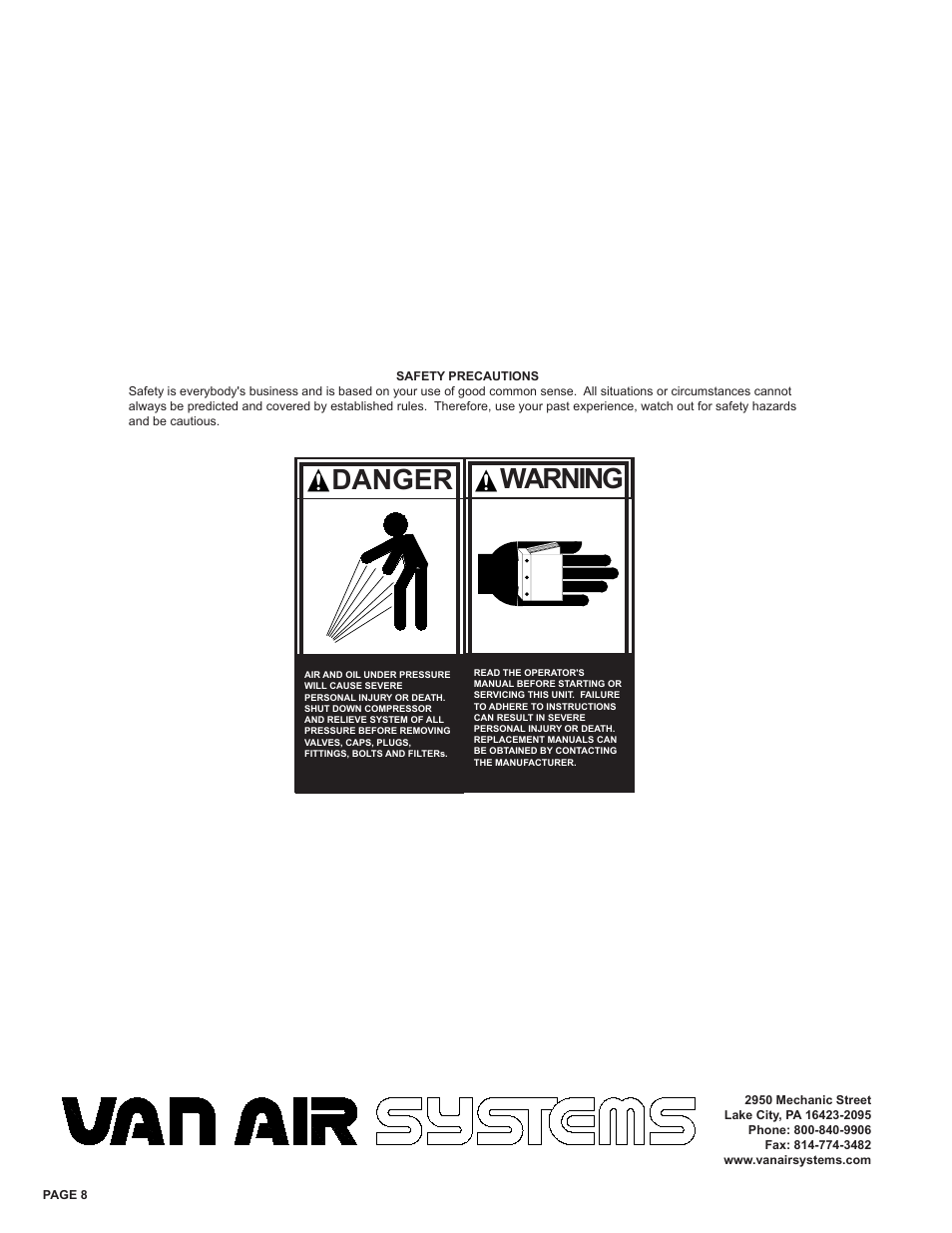 Danger warning | Van Air Systems FR-1200 User Manual | Page 26 / 29