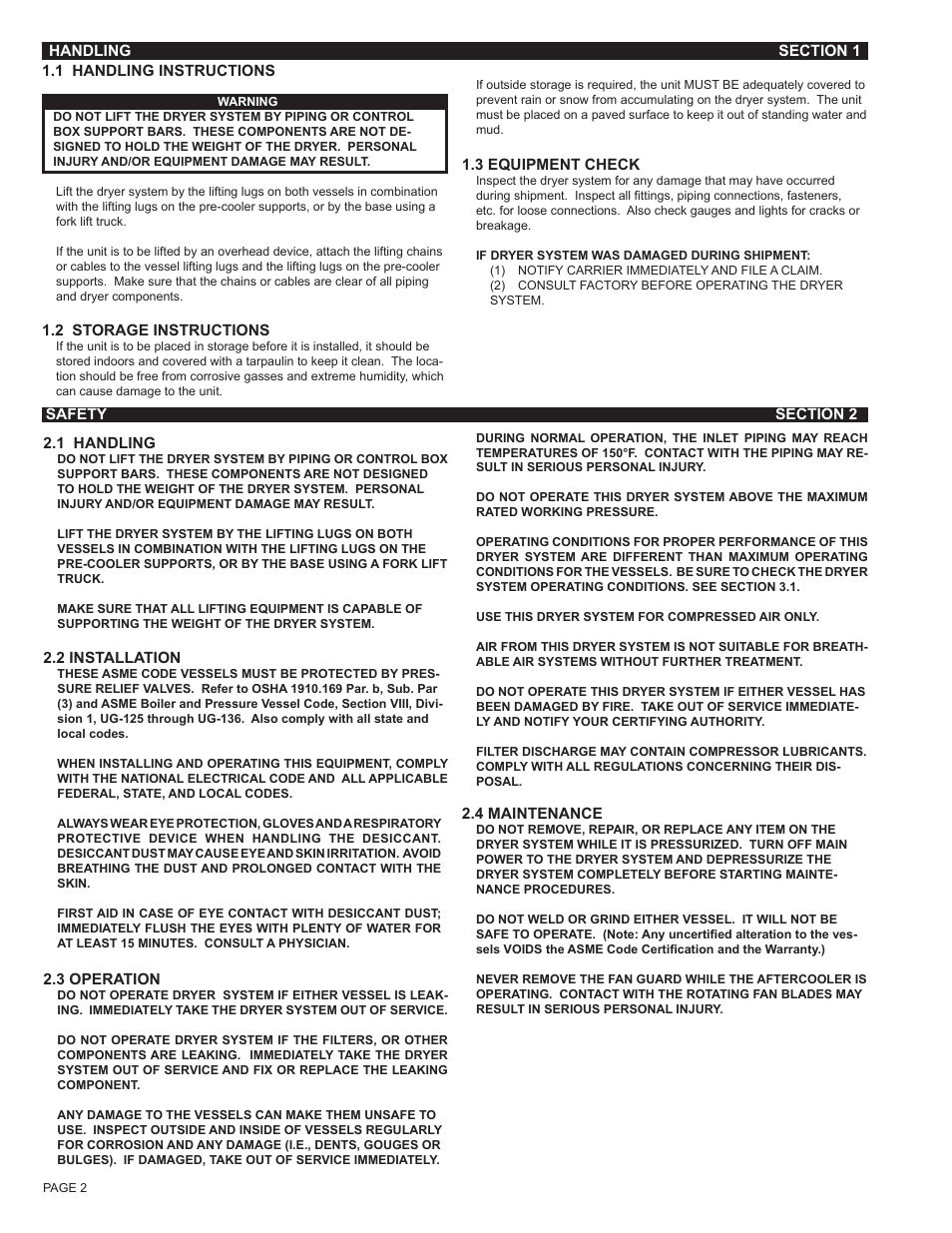 Section 1 - handling, Section 2 - safety | Van Air Systems FR-1600 User Manual | Page 2 / 29