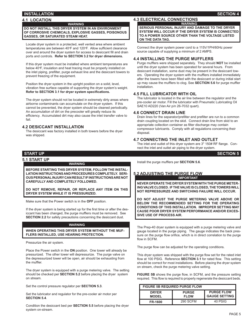 Section 4 - installation, Section 5 - start up | Van Air Systems FR-1600 User Manual | Page 5 / 29