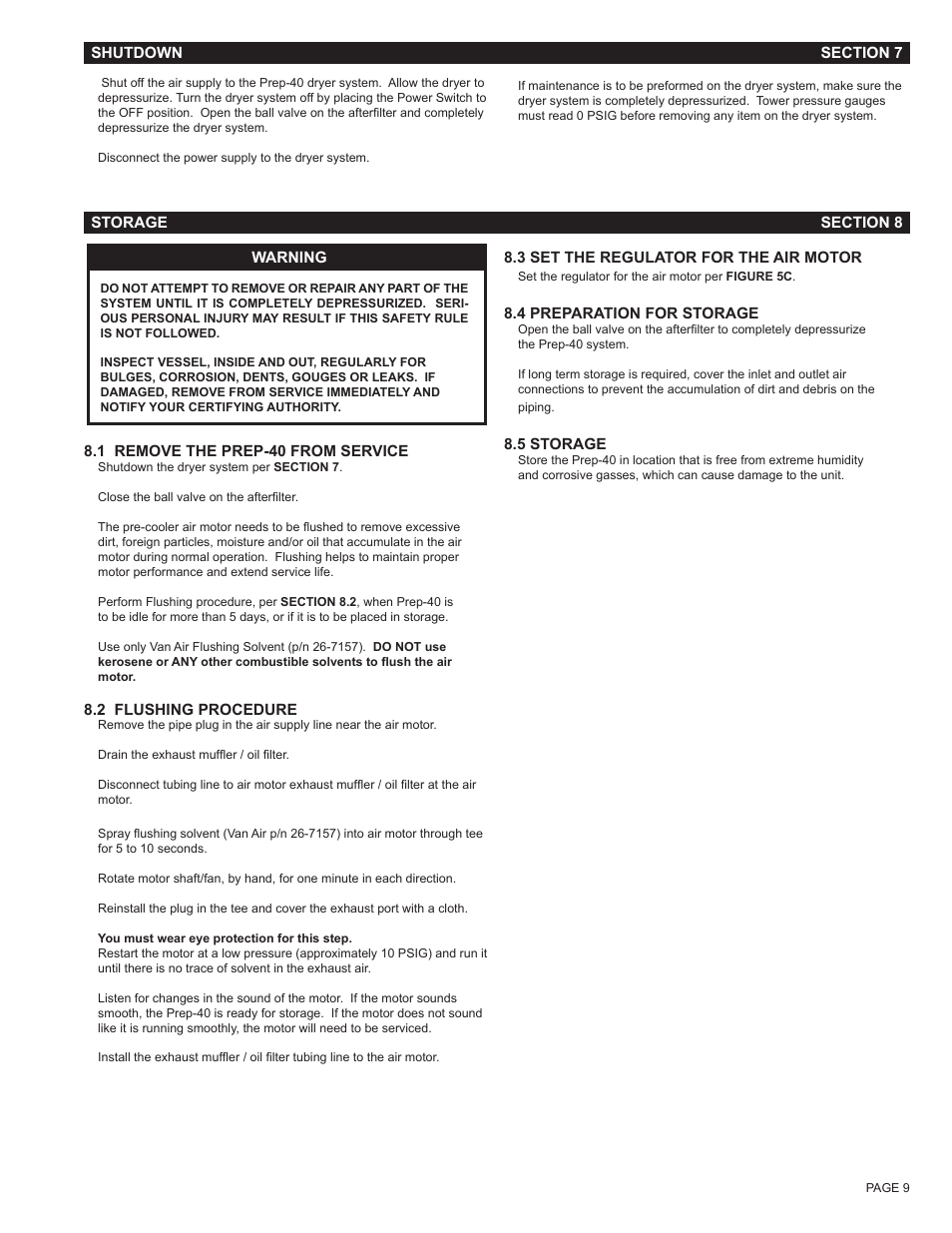 Section 7 - shutdown, Section 8 - storage | Van Air Systems FR-1600 User Manual | Page 9 / 29