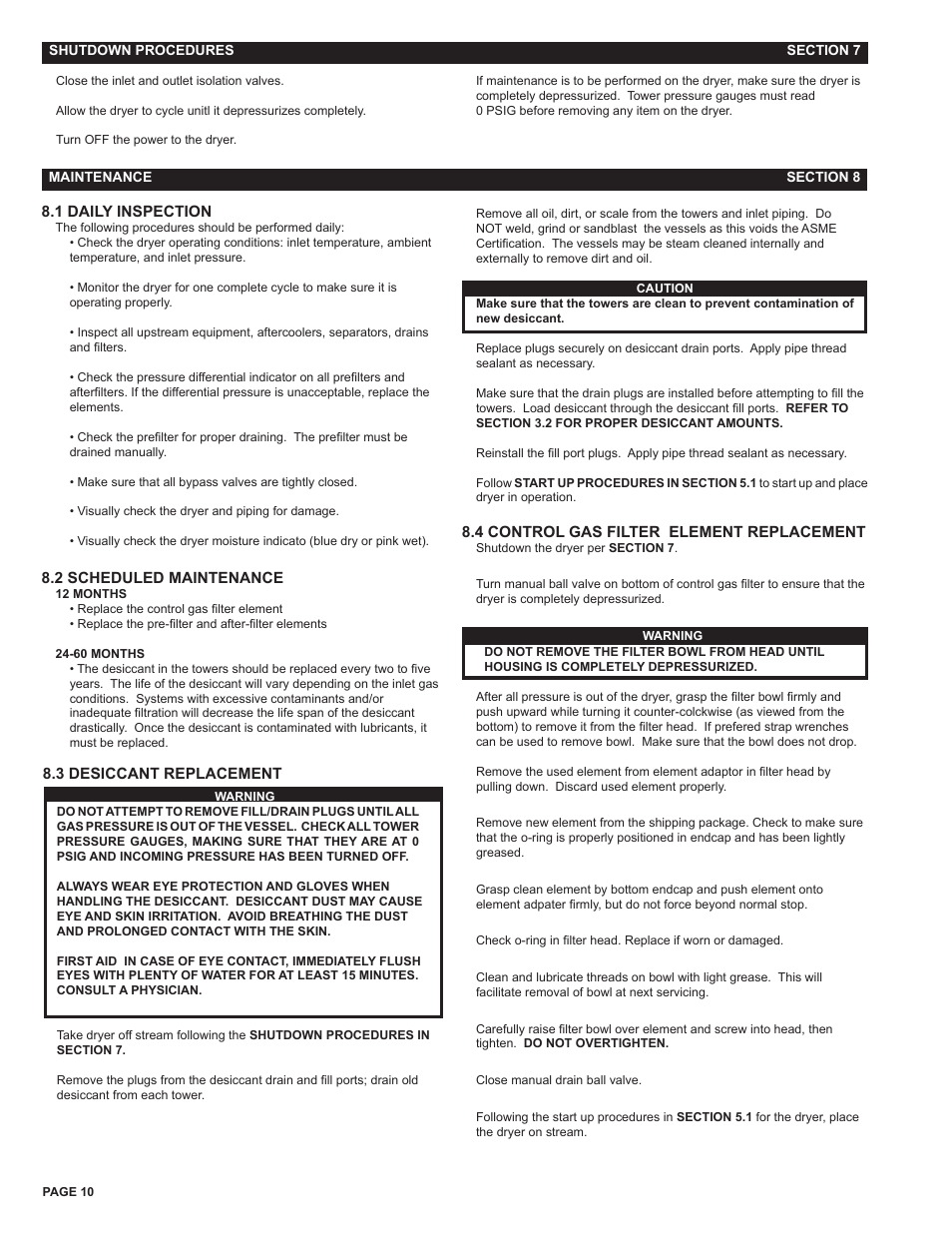 Section 7 - shutdown, Section 8 - maintenance | Van Air Systems HLSXG-55 User Manual | Page 10 / 12