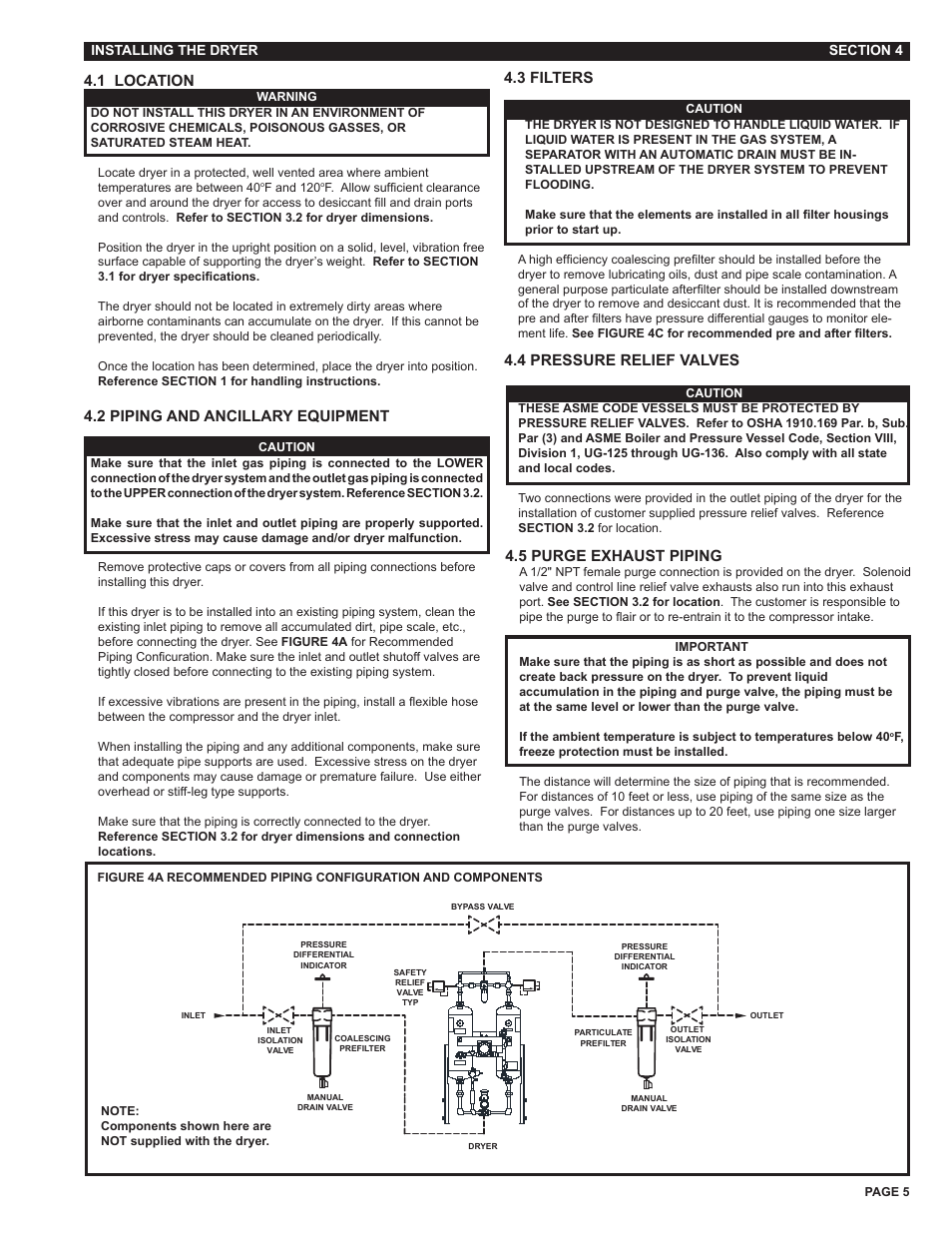 Section 4 - installation, 4 pressure relief valves, 1 location | 2 piping and ancillary equipment, 5 purge exhaust piping, 3 filters | Van Air Systems HLSXG-55 User Manual | Page 5 / 12