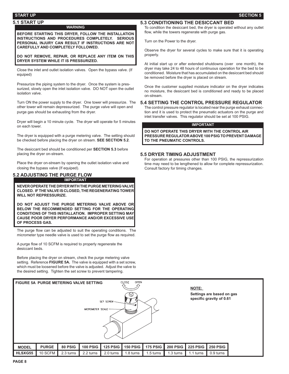 Section 5 - start up | Van Air Systems HLSXG-55 User Manual | Page 8 / 12