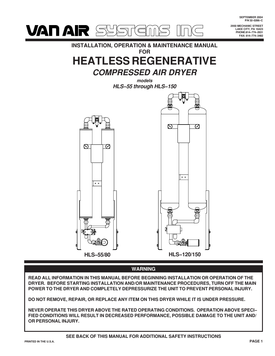 Van Air Systems HLS-50-HLS-150 User Manual | 12 pages