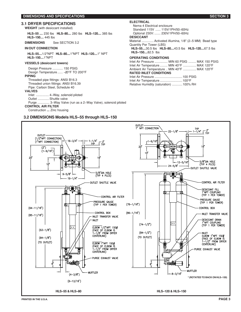 1 dryer specifications | Van Air Systems HLS-50-HLS-150 User Manual | Page 3 / 12