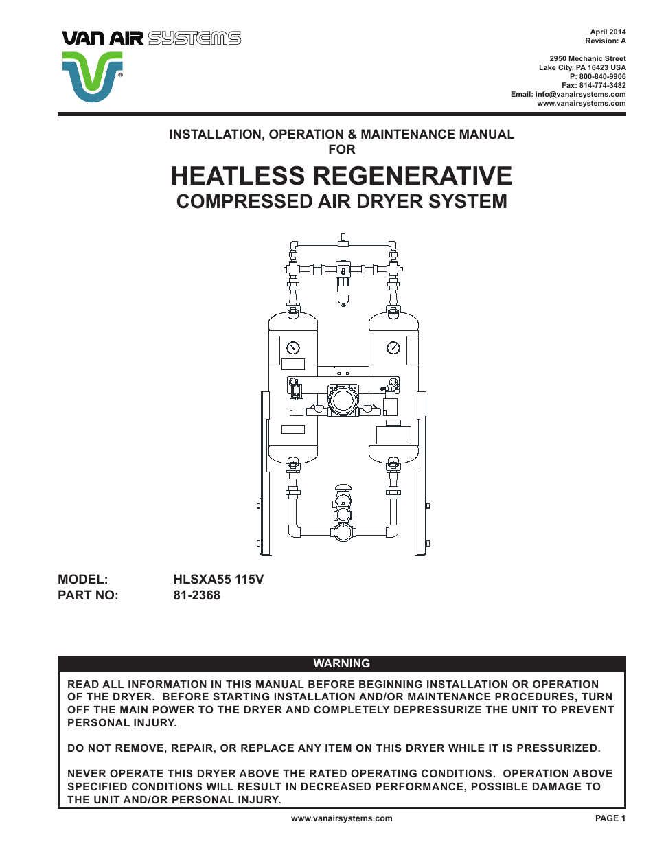 Van Air Systems HLSXA-55 User Manual | 12 pages