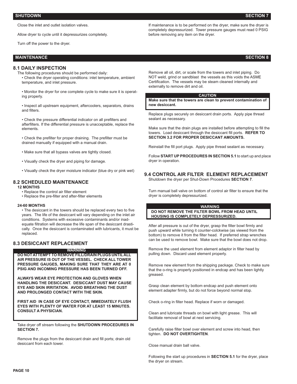 Section 7 - shut down, Section 8 - maintenance | Van Air Systems HLSXA-55 User Manual | Page 10 / 12