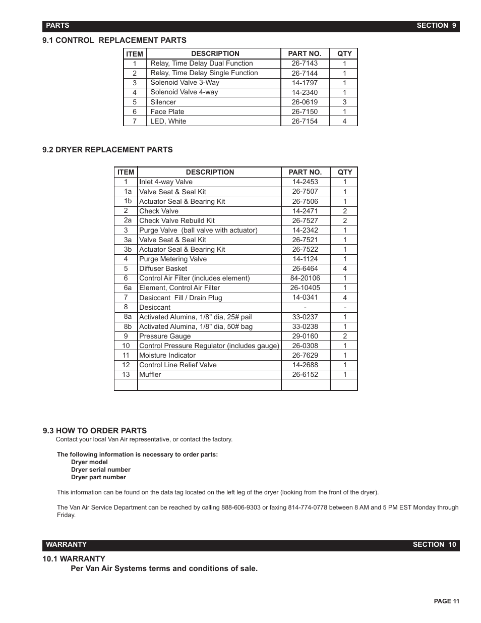 Section 9 - parts, Section 10 - warranty | Van Air Systems HLSXA-55 User Manual | Page 11 / 12