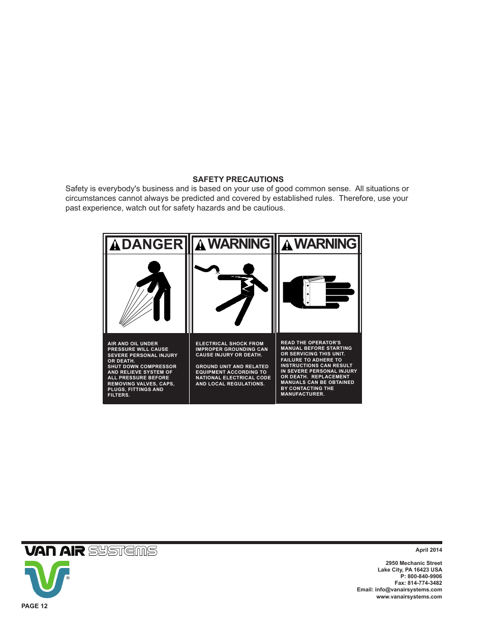 Danger, Warning | Van Air Systems HLSXA-55 User Manual | Page 12 / 12