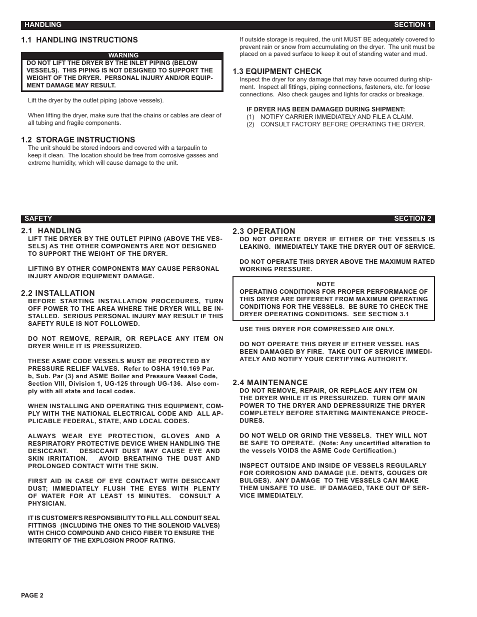 Section 1 - handling, Section 2 - safety | Van Air Systems HLSXA-55 User Manual | Page 2 / 12