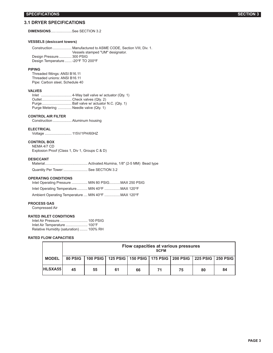 Section 3 - specifications | Van Air Systems HLSXA-55 User Manual | Page 3 / 12