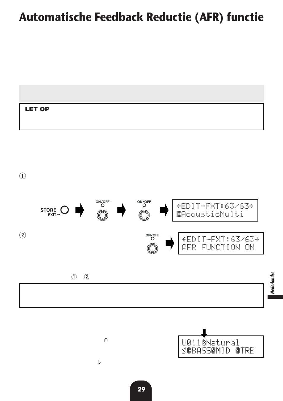 Automatische feedback reductie (afr) functie, Inschakelen van de afr functie, Gebruiken van de afr functie | U011«natural ó‡bassﬁmid 0 átre | Yamaha Magicstomp User Manual | Page 29 / 36