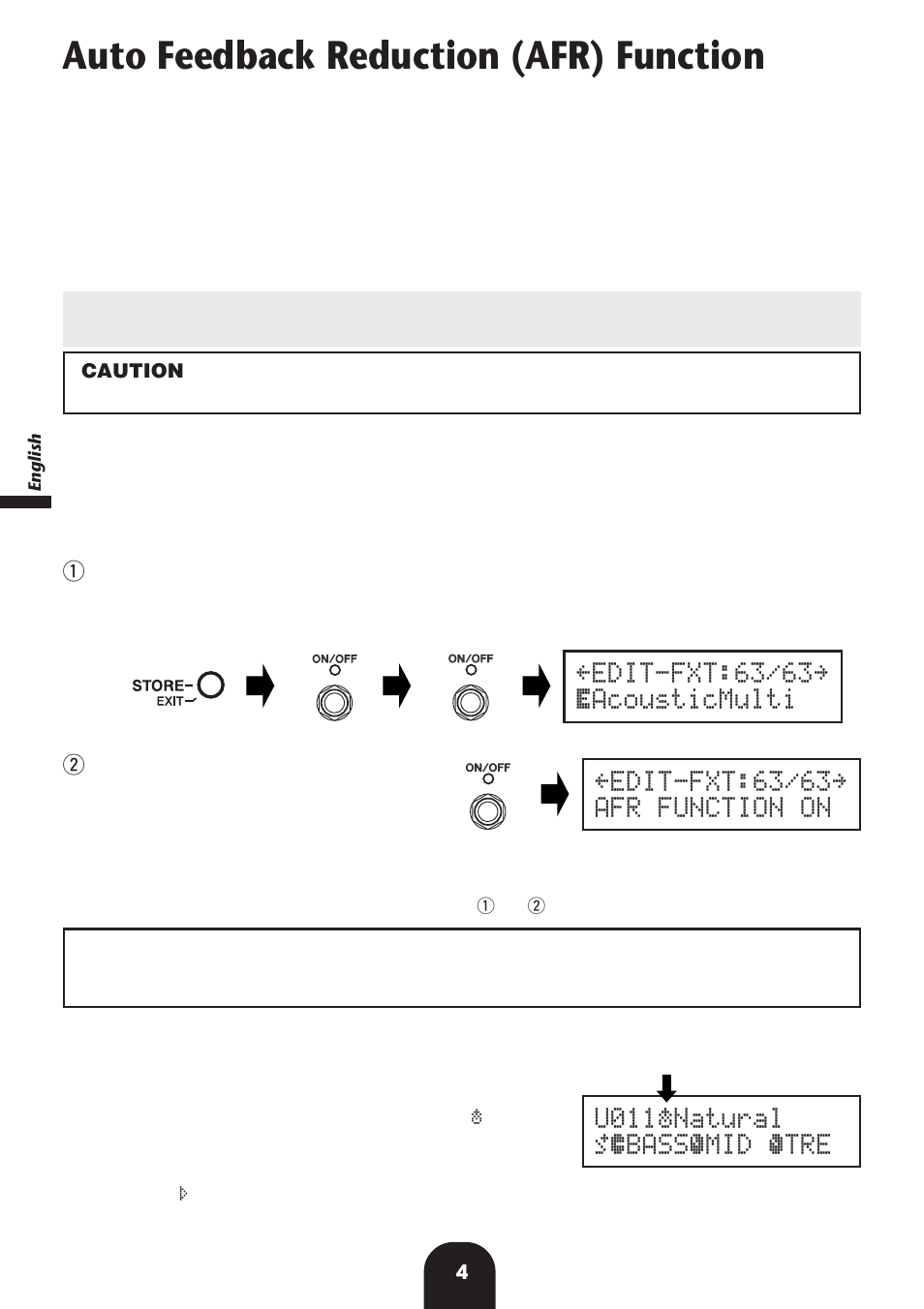 Auto feedback reduction (afr) function, Switching the afr function on, Using the afr function | U011«natural ó‡bassﬁmid 0 átre | Yamaha Magicstomp User Manual | Page 4 / 36